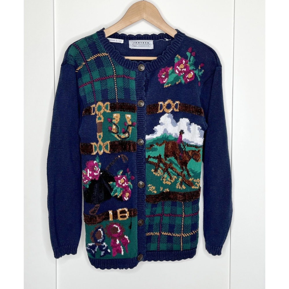 Vintage Equestrian Embroidered Patchwork Cardigan by Jantzen Classics - Picture 3 of 12